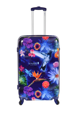 Valise rigide 4 roues femme colorée et fleurie Le Modiste avec oiseau des iles bleu foncée vue de face